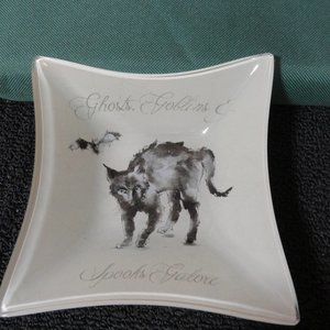 Black Cat and Bat~Glass candy dish~Ghost goblins & Spooks NWOT